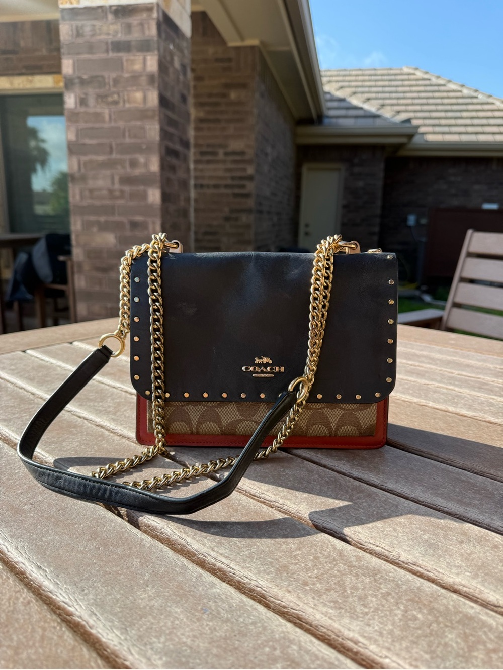 Coach Two-Tone Signature Crossbody in Black and Brown with Red Trim